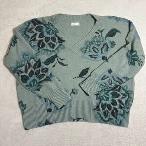 LC Lauren Conrad Floral V-Neck Sweater Women's XL Mint Blue Knit Pullover Cozy